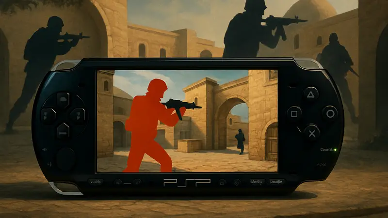 Портативная консоль Sony PSP с запущенной игрой Counter-Strike на экране.