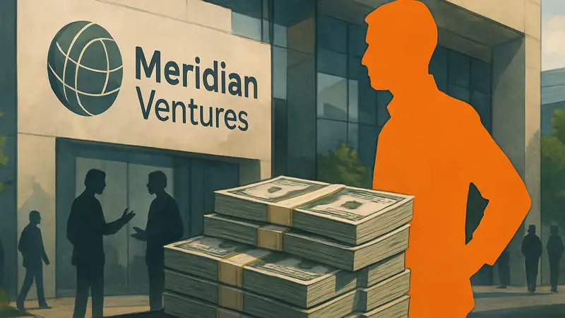 Логотип Meridian Ventures и стопка денег, символизирующая фонд на $35 млн для стартапов.