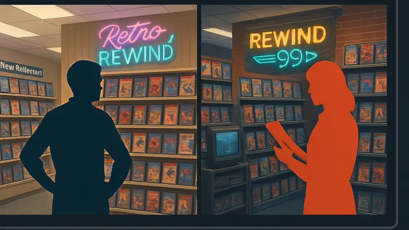 Сравнение игровых экранов симуляторов видеопроката Retro Rewind и Rewind 99 на Steam.