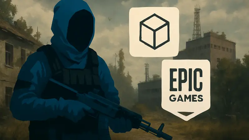 Персонаж Stalcraft с элементами Stalker и Minecraft на фоне логотипов Epic Games Store.