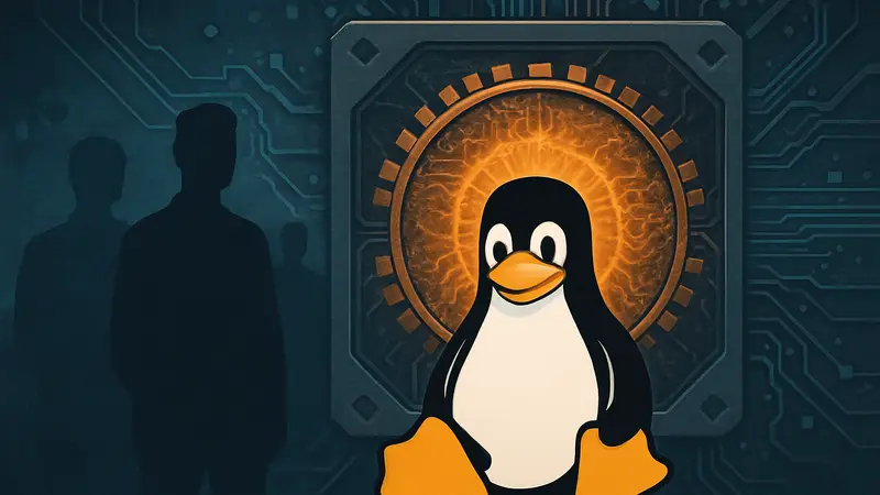 Маскот Linux пингвин Такс с обновленным внешним видом на фоне ядра системы