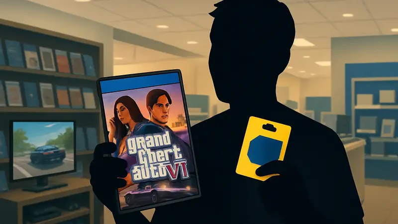 Счастливый геймер держит копию GTA 6, купленную со скидкой за $2 благодаря подарочной карте Best Buy.