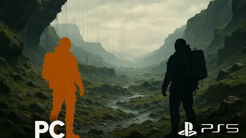 Сравнение графики Death Stranding 2 на PC и PlayStation 5 Pro, показывающее детализацию мира
