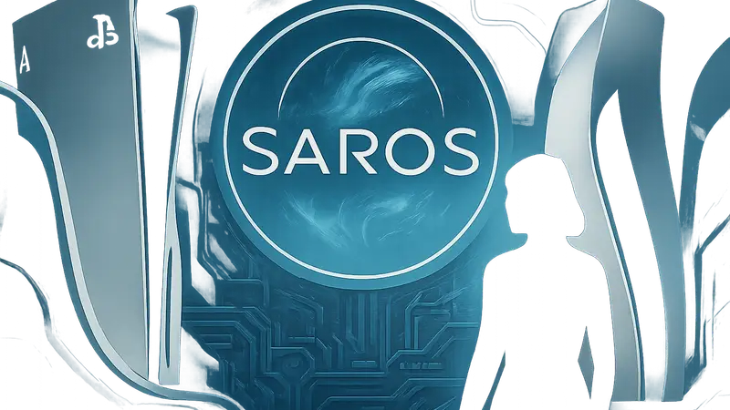 Логотип игры Saros на фоне абстрактных футуристических элементов PlayStation 5