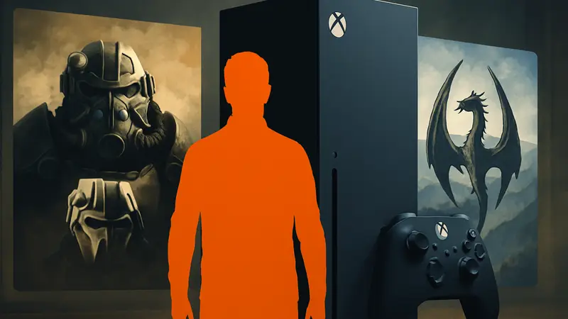 Изображение логотипов Fallout 5 и The Elder Scrolls 6 на фоне консоли Xbox. Возможно, эксклюзивы.