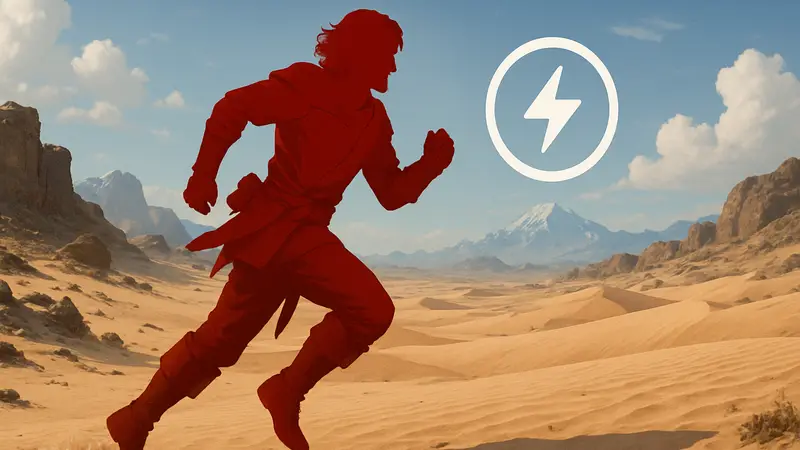 Игровой персонаж Crimson Desert бежит по пустыне, подсвечена иконка выносливости.