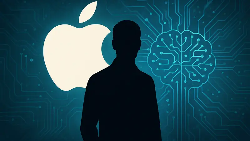 Новый CEO Apple Джон Тернус на фоне логотипа компании и графики, символизирующей искусственный интеллект.