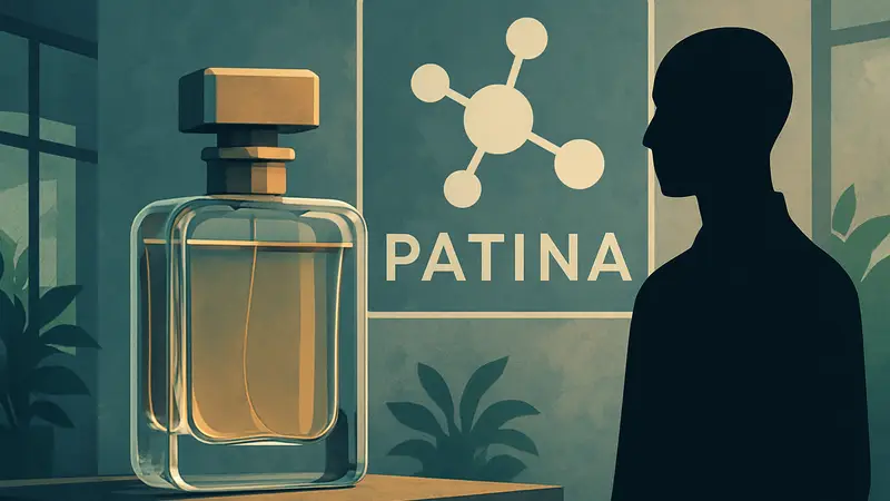 Флакон духов или символ молекулы, логотип Patina на фоне.