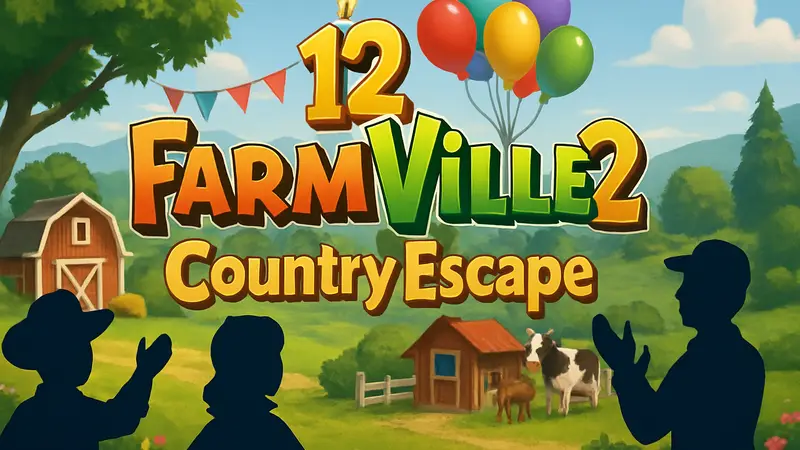 Логотип FarmVille 2: Country Escape с праздничной атрибутикой в честь 12-летия.