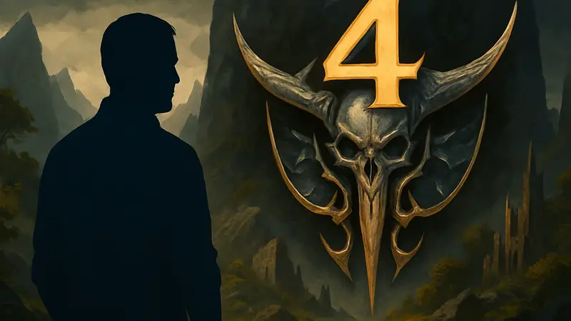 Джеймс Олен, дизайнер Baldur's Gate 2, на фоне логотипа Baldur's Gate 4