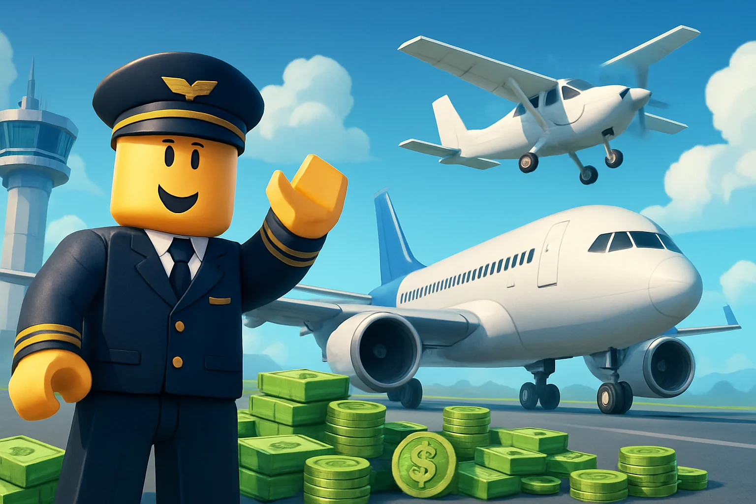 Изображение из игры Flight World в Roblox, демонстрирующее летательные аппараты и игровые деньги или валюту.