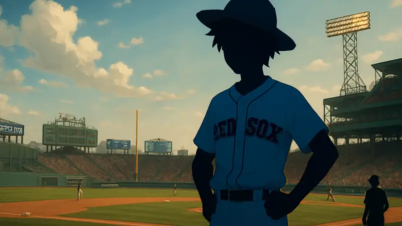 Луффи из One Piece в бейсбольной форме Boston Red Sox на стадионе, коллаборация.