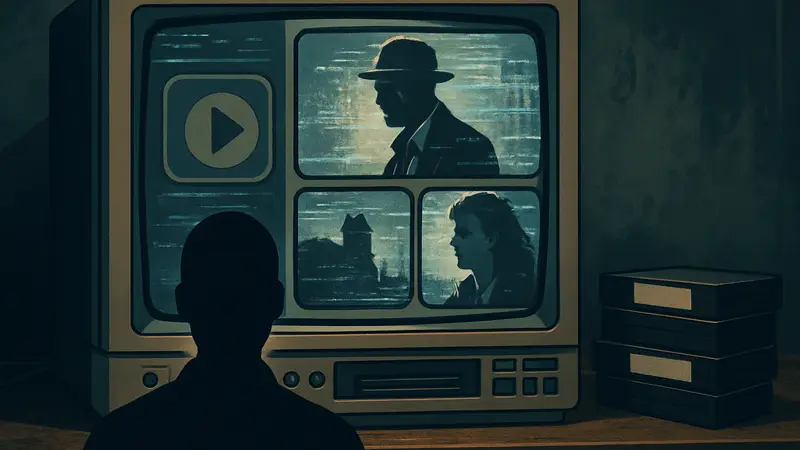 Ретро-интерфейс Retro Rewind с кадрами классических фильмов VHS и эффектами помех