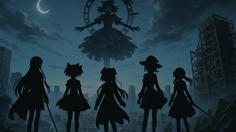 Постер аниме-фильма "Puella Magi Madoka Magica the Movie - Walpurgisnacht: Rising" с главными героинями.