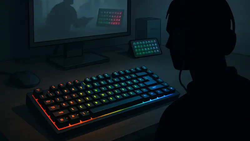 Стильная игровая клавиатура с RGB-подсветкой на темном столе, символизирующая обзор топовых моделей.