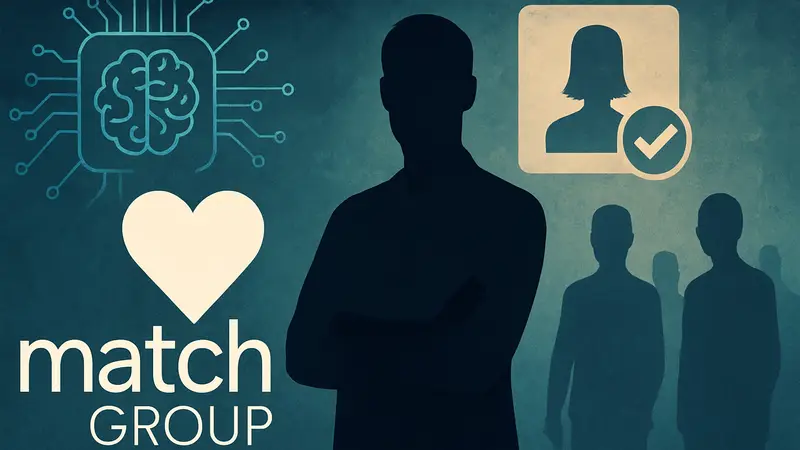 Логотип Match Group на фоне символов искусственного интеллекта и HR