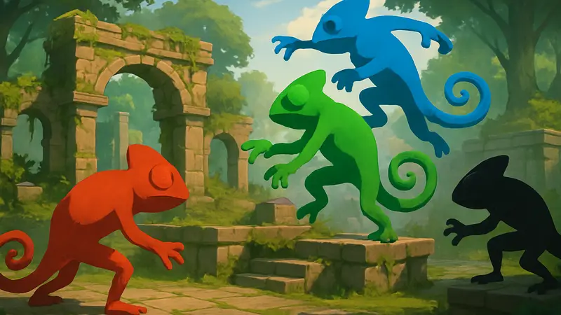 Meccha Chameleon геймплей: персонажи-хамелеоны в сетевом сражении, кадр из игры.
