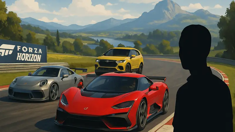 Автомобили на гоночной трассе на фоне живописного пейзажа из игры Forza Horizon 6.