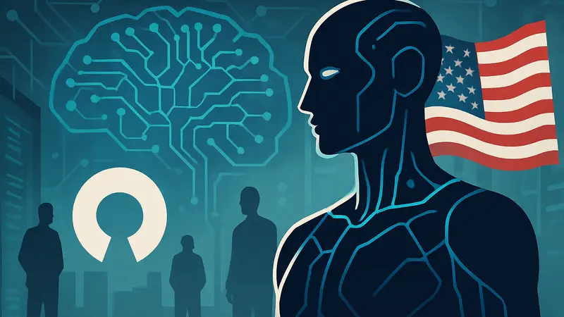 Концепт ИИ-модели Trinity-Large-Thinking от Arcee с символами открытого кода и американским флагом