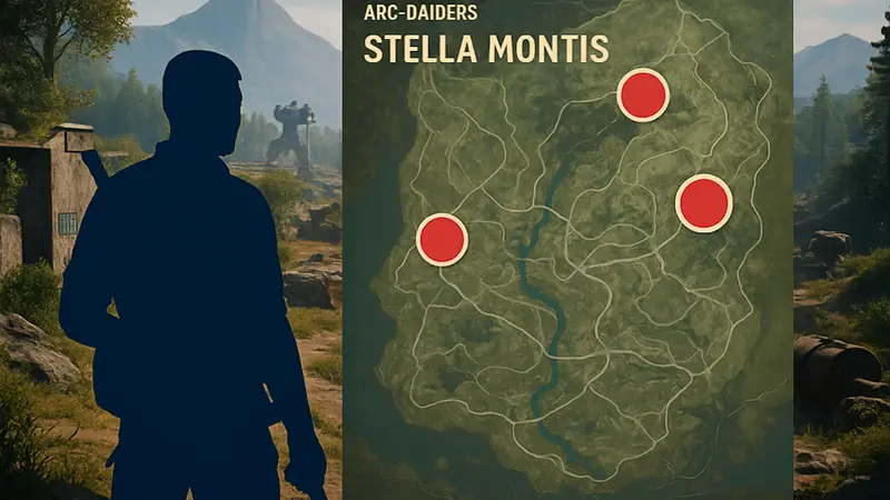 Скриншот Arc Raiders с картой локации Stella Montis, указывающей секретные места