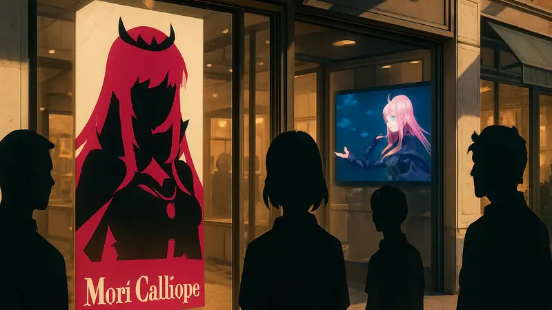 Mori Calliope, VTuber-артистка, на изображении, анонсирующем поп-ап магазин и показ концерта.