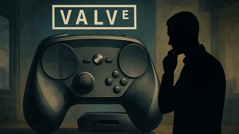 Логотип Valve на фоне игрового контроллера Steam Machine. Игровые новости о задержке релиза.
