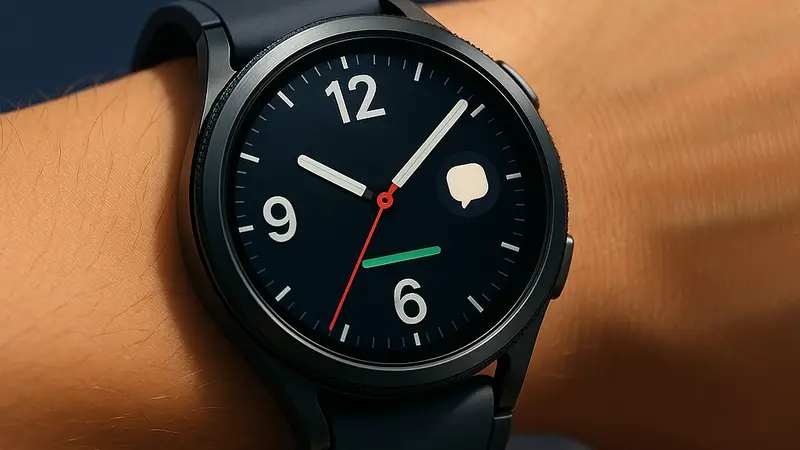 Изображение умных часов Samsung Galaxy Watch 7 на запястье, отображающих время и уведомления