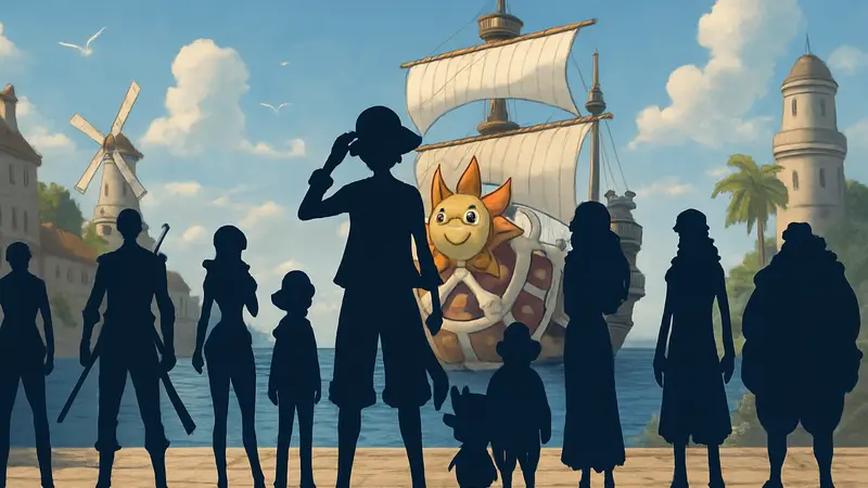 Пираты Соломенной Шляпы из One Piece: Луффи, Зоро, Нами, Усопп, Санджи, Чоппер, Робин, Фрэнки, Брук, Дзимбэй.