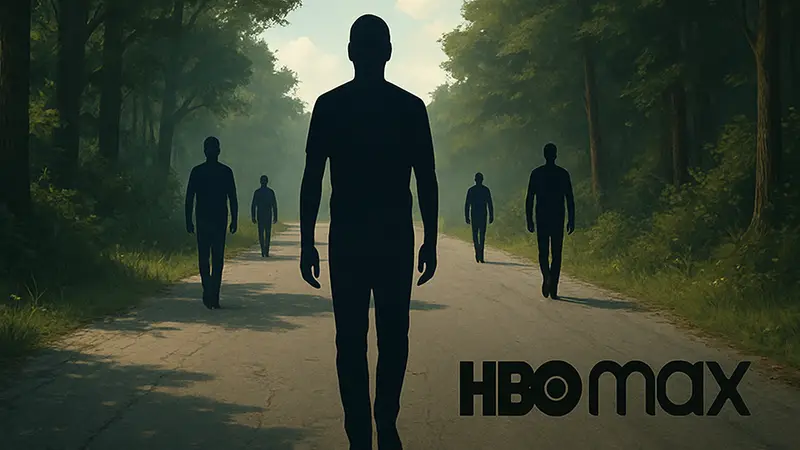 Обложка фильма или сериала «Долгая прогулка» Стивена Кинга с логотипом HBO Max.