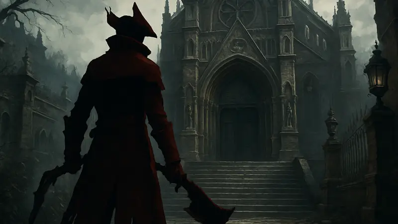 Охотник Bloodborne на фоне церкви, перед входом к боссу.