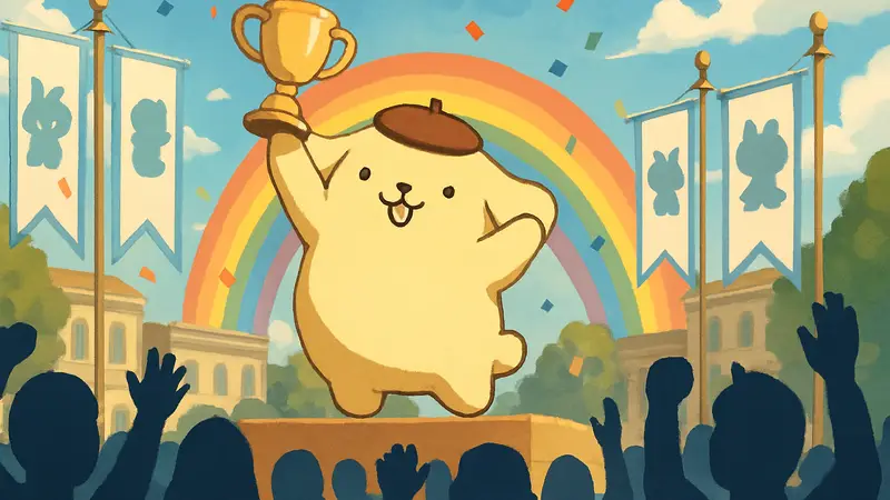 Помпомпурин празднует победу в опросе популярности персонажей Sanrio 2026 года.