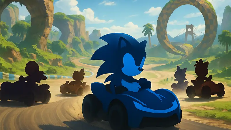 Обложка игры Sonic Racing CrossWorlds с ежом Соником и его друзьями в гоночных болидах на трассе.