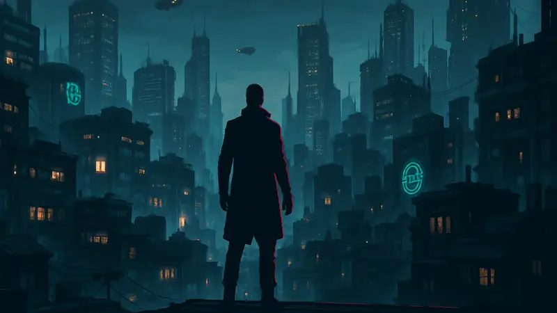 Футуристический город в киберпанк-стиле из игры Replaced, персонаж стоит на крыше.