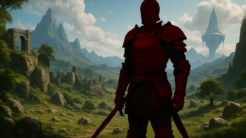 Главный герой Crimson Desert в новой броне, готовый к приключениям, на фоне фантастического мира.