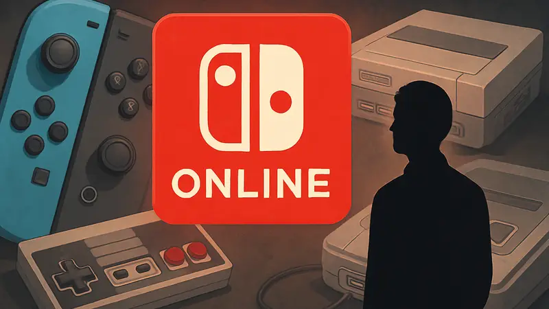 Логотип Nintendo Switch Online на фоне джойконов и старых игровых консо