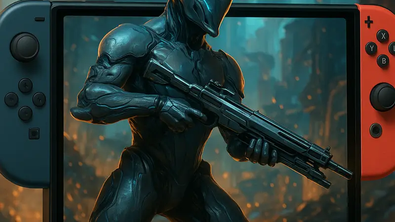 Кадр из игры Warframe с боевым Варфреймом, демонстрирующий обновлённую графику для Nintendo Switch 2.