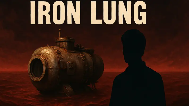 Изображение подводной лодки из хоррор-игры Iron Lung в Steam, на фоне красного океана и логотипа фильма Маркиплаера.