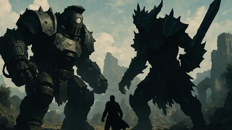 Танк Грома и Крушитель Штормов, два мощных босса из игры Crimson Desert, готовящиеся к атаке.