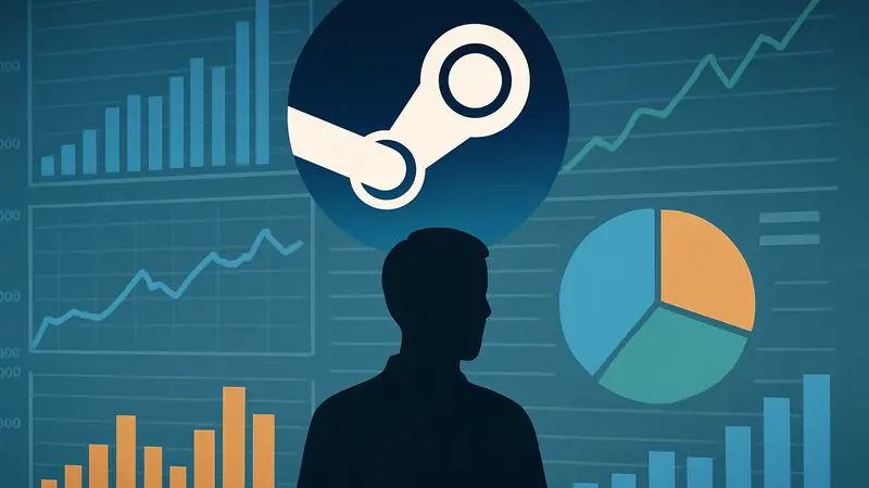 Логотип Steam на фоне статистики продаж и диаграмм доходов.