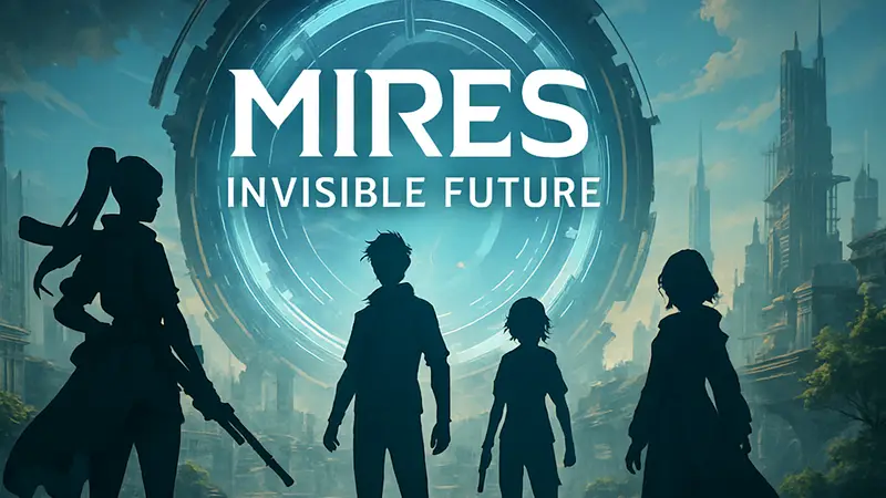 Логотип игры Miresi: Invisible Future с элементами временных порталов и персонажами.