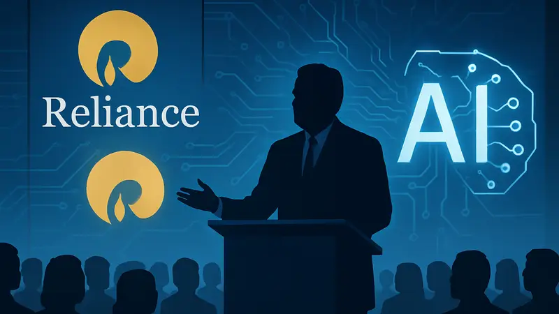 Мукеш Амбани выступает на конференции с логотипом Reliance и символами ИИ.