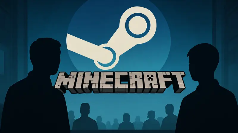 Логотип Minecraft на фоне Steam, символизирующий возможный релиз игры на платформе.