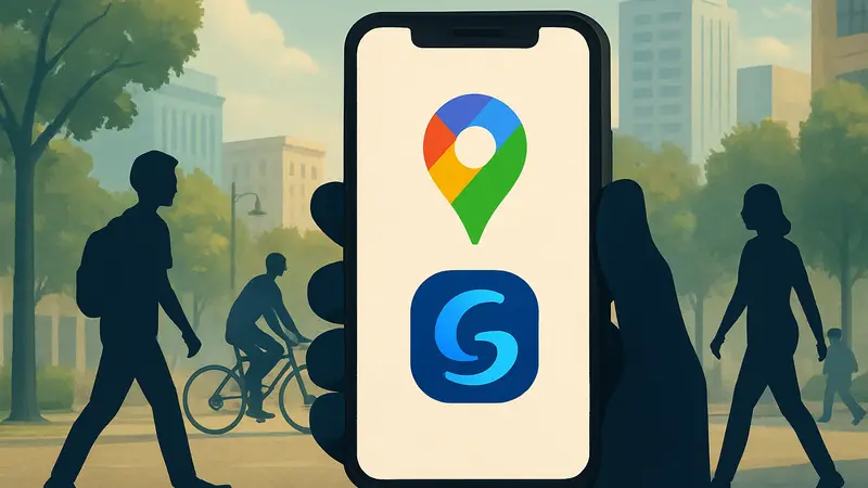 Изображение логотипа Google Maps с интегрированным интерфейсом Gemini на экране смартфона