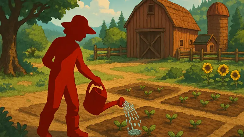 Персонаж Stardew Valley поливает грядки на своей ферме.