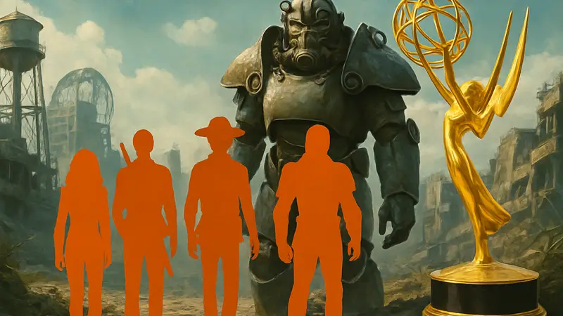 Постер второго сезона сериала Fallout с главными героями. Логотип премии Эмми.