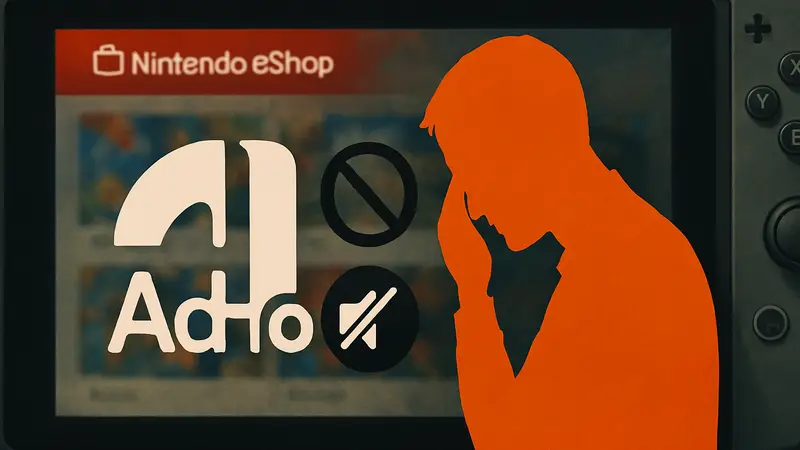 Логотип AdHoc Studio на фоне Nintendo eShop и символов цензуры, указывающих на извинения студии
