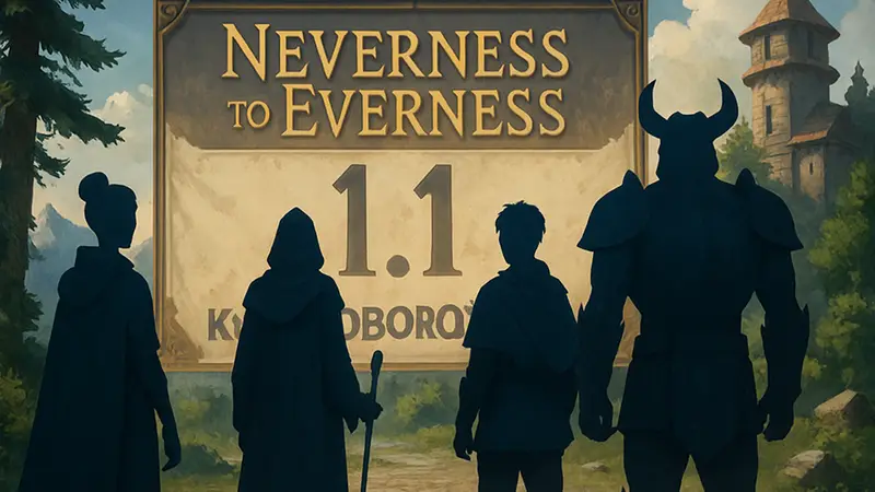 Герои Neverness to Everness на фоне баннера обновления 1.1 с надписью "новые коллаборации".
