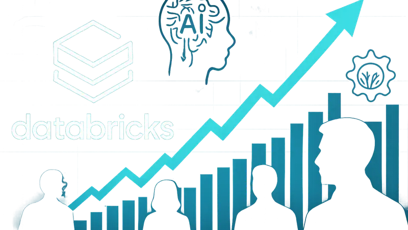 Логотип Databricks на фоне графиков роста стоимости и символов искусственного интеллекта, показывающий оценку компании.