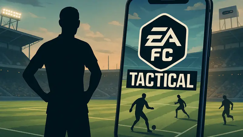 Логотип игры EA FC Tactical на фоне футбольного поля или мобильного интерфейса.
