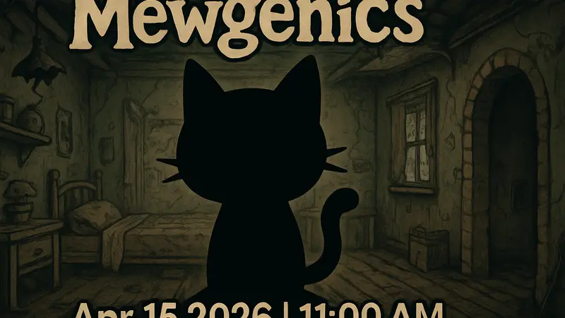 Постер или скриншот Mewgenics с датой и временем релиза.